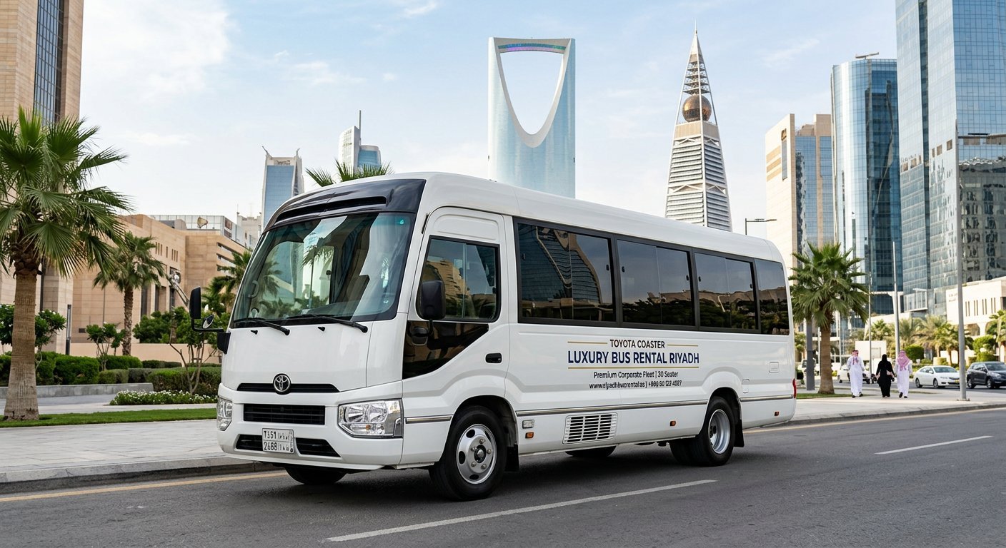 30 Seater Toyota Coaster Bus Rental Riyadh - King Khalid Airport RUH - Aura Bus Rental - 30 seats reclining AC professional driver